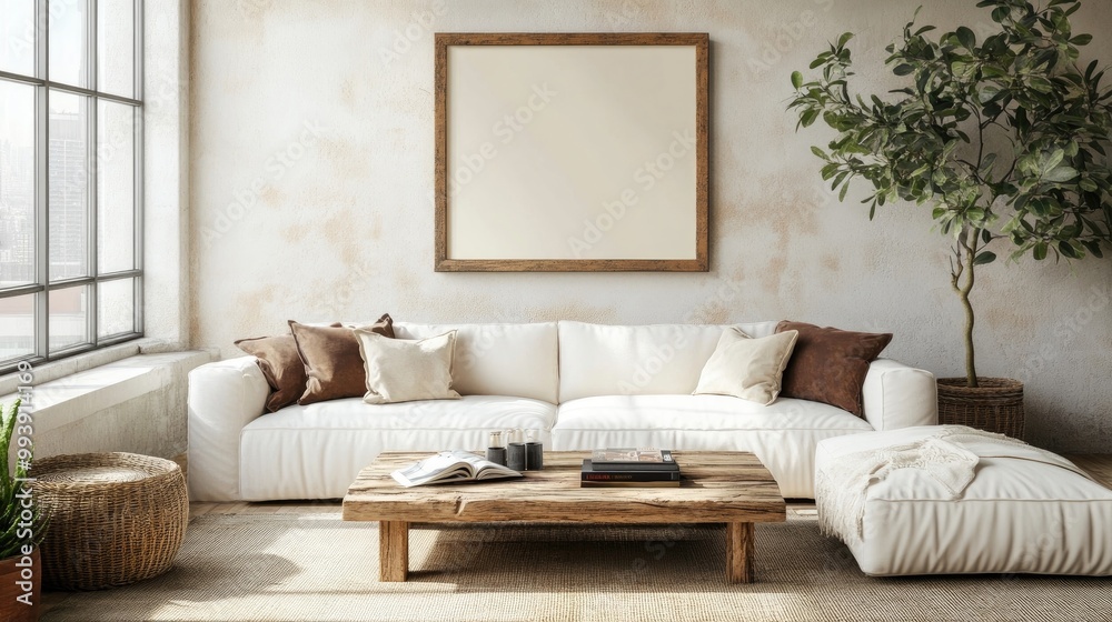 Rustic coffee table near white sofa against wall with art frame Farmhouse interior design of modern living room Rustic coffee table near white sofa against wall with art frame Farmhouse interior design of modern living room