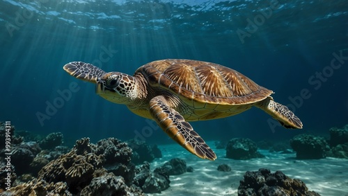 Sea turtle swimming peacefully in tropical waters.