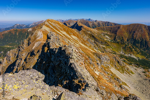 Picturesque landscape of the Tatra Mountains. Panorama of the Western Tatras from the Mount Banikov. photo