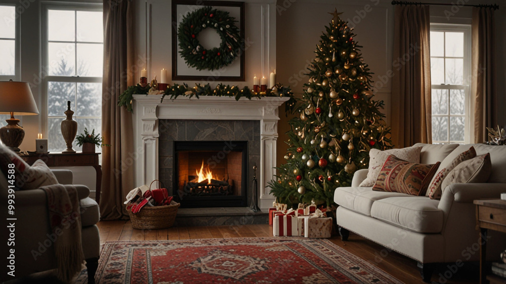 Fototapeta premium Cozy Christmas Living Room with Decor and Warm Fireplace