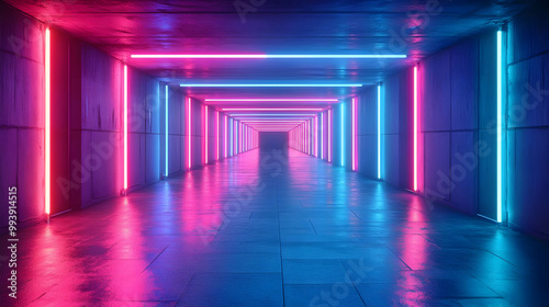 Neon Lights in a Long Empty Hallway - 3D Illustration