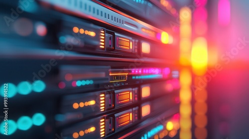 Server Rack in a Data Center with Colorful Lights.