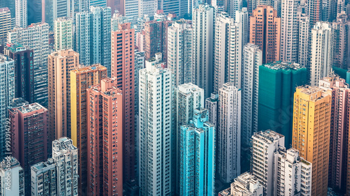 A bird's eye view of a city center with clusters of high-rise buildings, illustrating the density photo