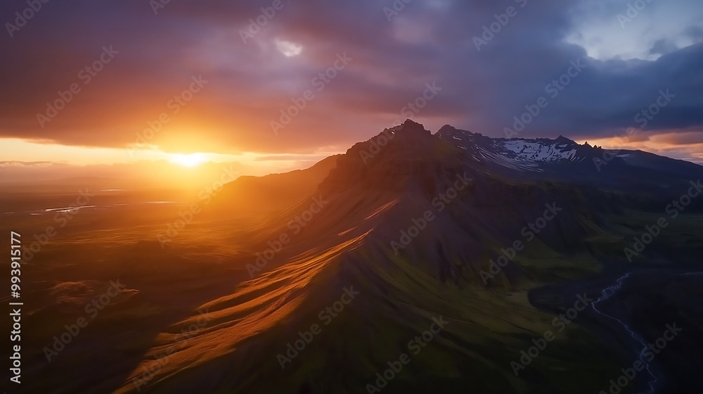 Fototapeta premium Capture the breathtaking moment as the sun sets behind the distant mountains, colors of the sky and the sense of peace