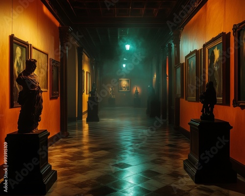 Creepy Halloween art exhibit in an old American museum eerie sculptures glowing under dim lights