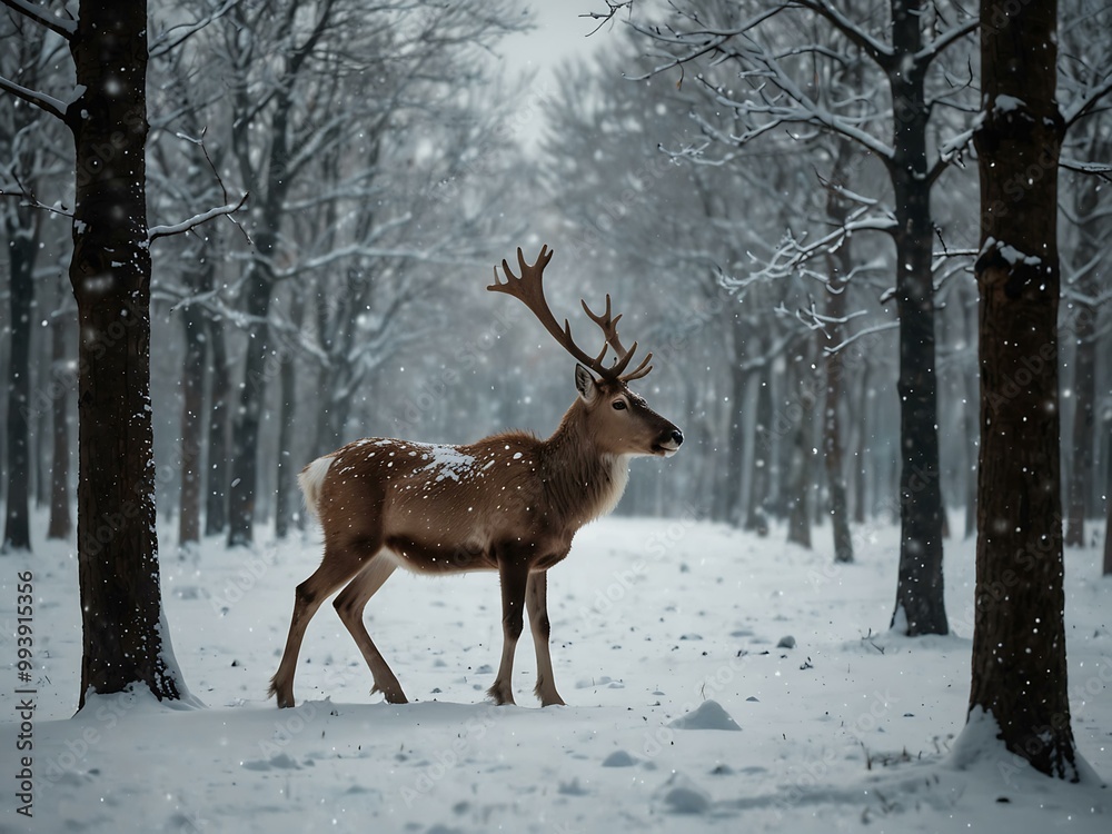 Serene winter scene with a reindeer in falling snow. Serene winter scene with a reindeer in falling snow.