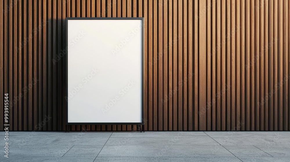 Blank advertising board on a wooden wall, modern design, minimalistic style. Blank advertising board on a wooden wall, modern design, minimalistic style.