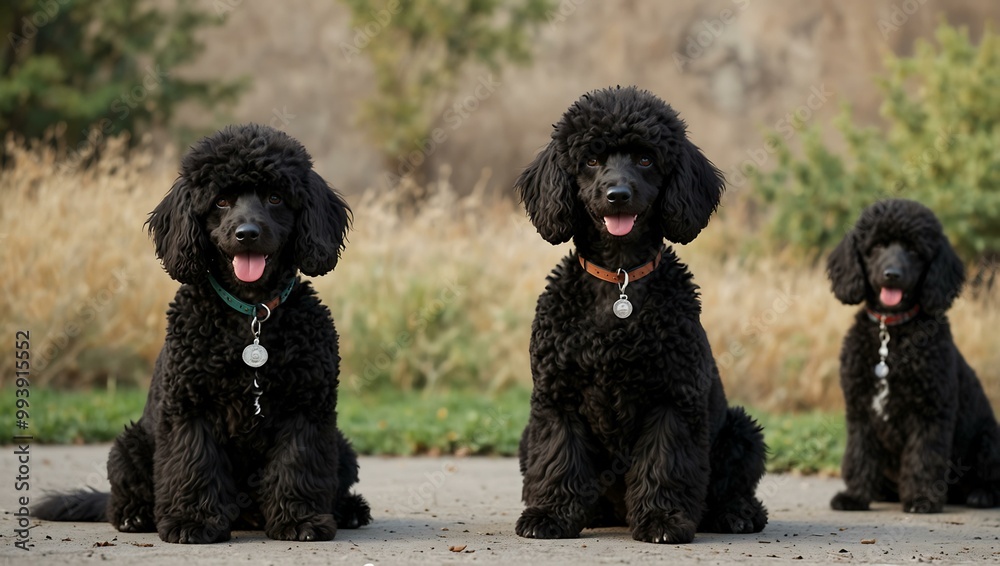 Series of black poodles in various poses. Series of black poodles in various poses.