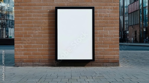 Blank advertisement board on a brick wall near modern buildings, urban setting.