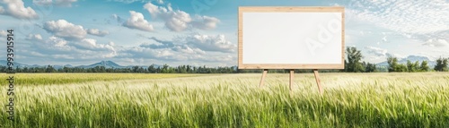 Blank canvas on easel in a scenic field under blue skies. photo