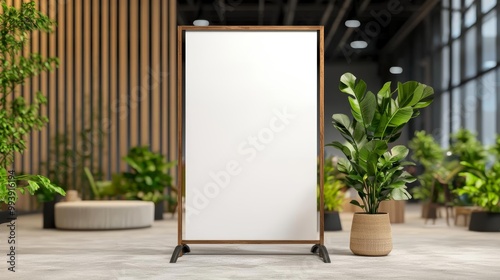 Blank wooden frame on a stand in a modern indoor plant-filled environment.