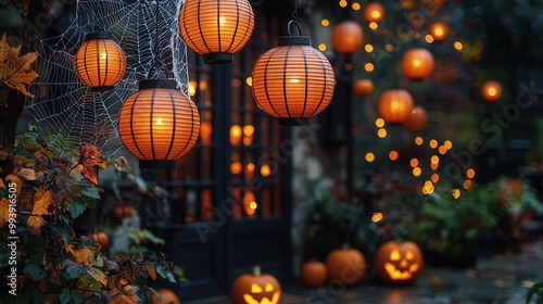 Halloween Lanterns and Pumpkins in Spooky Setting