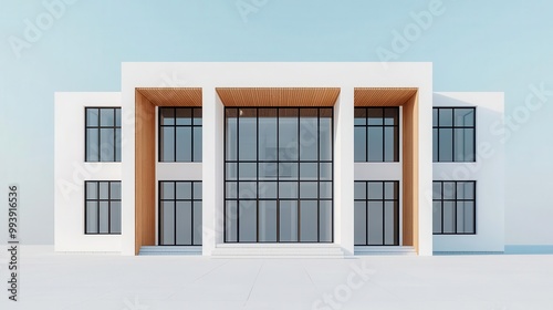 Symmetrical 3D building model with white surfaces and wooden overhangs, balanced massing concept