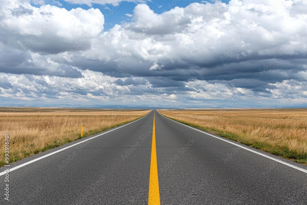 Empty highway stretching into the distance, against a backdrop of cloudy sky. Empty highway stretching into the distance, against a backdrop of cloudy sky.