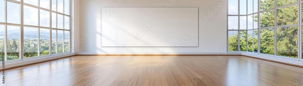 Spacious empty room with large windows and wooden floor, ideal for various uses.