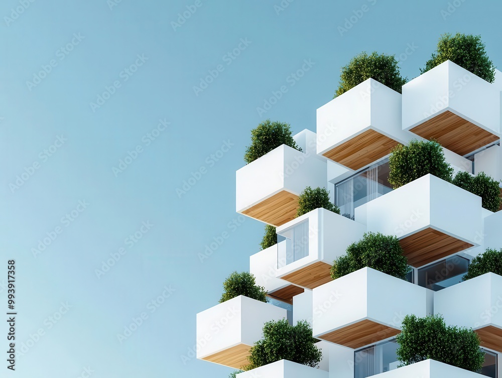 Vertical 3D structure in white and wood, showcasing a high-density urban living concept Vertical 3D structure in white and wood, showcasing a high-density urban living concept