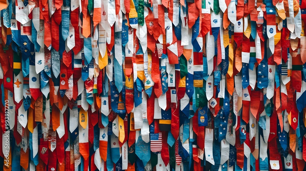 Obraz premium Multiple flags of different countries hanging side by side, symbolizing multicultural harmony