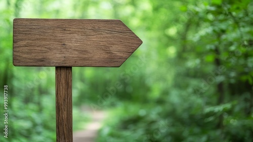 Wooden directional sign in a lush green forest landscape. photo