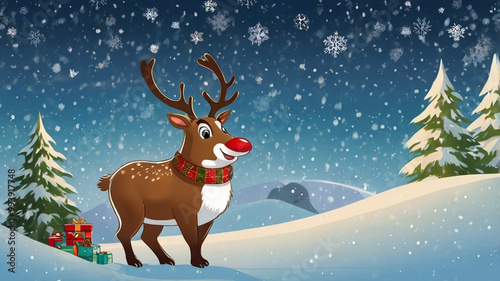 Adorable Cartoon Reindeer in Winter Wonderland Scene