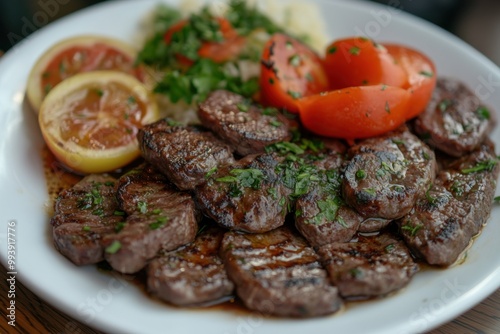 Front view of Ciger Sis with Turkish liver kebap, featuring skewered and grilled liver pieces photo