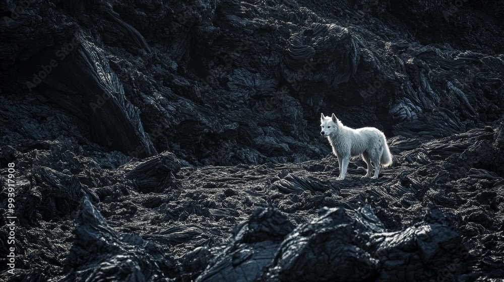 Majestic White Wolf Stands Alone Amidst Rugged Snowy Mountain Landscape Majestic White Wolf Stands Alone Amidst Rugged Snowy Mountain Landscape