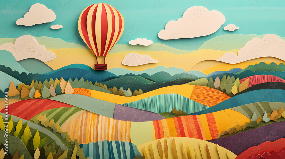 Fototapeta premium A playful papercut landscape of a hot air balloon floating over a colorful patchwork quilt of fields, each patch meticulously cut from different colored paper. Folk Art. Illustration