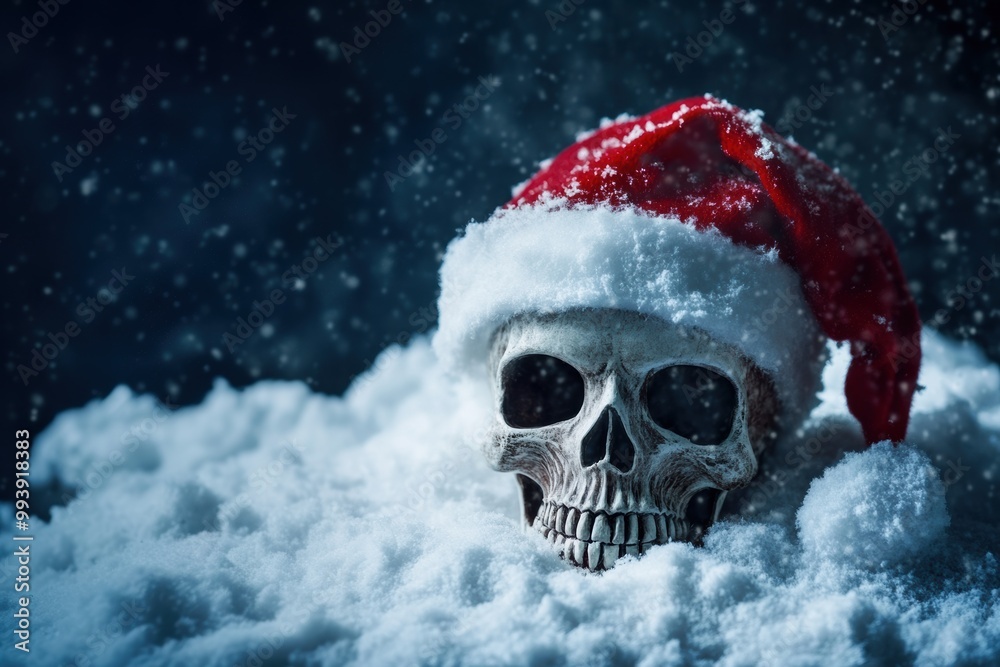 A skull wearing a Santa hat resting in a blanket of snow A skull wearing a Santa hat resting in a blanket of snow