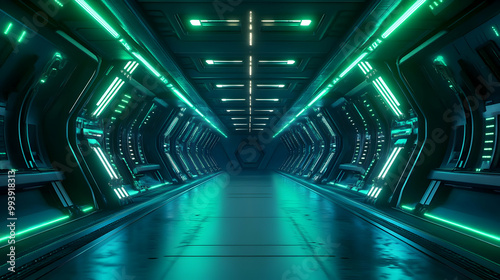 Futuristic Green Neon Lights 3D Corridor Background