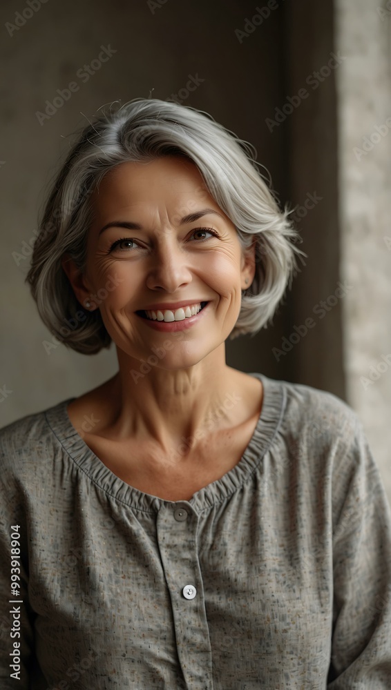 Smiling mature woman with gray hair, radiating warmth and confidence against a neutral backdrop. Smiling mature woman with gray hair, radiating warmth and confidence against a neutral backdrop.