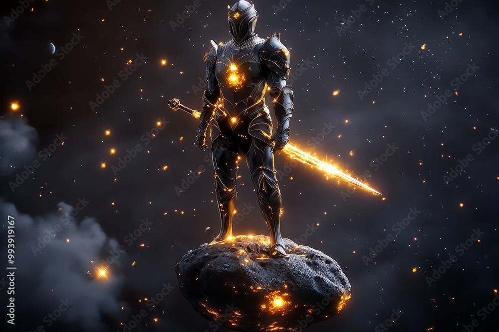 Fototapeta premium A cosmic knight standing on a floating asteroid, their armor adorned with glowing stars, and their sword forged from the heart of a dying sun