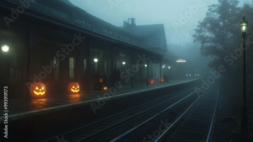 Creepy Halloween-themed American train station eerie figures waiting on the platform photo