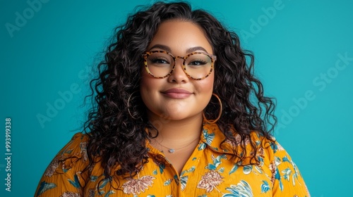 middle age woman plus size smiling on blue background photo