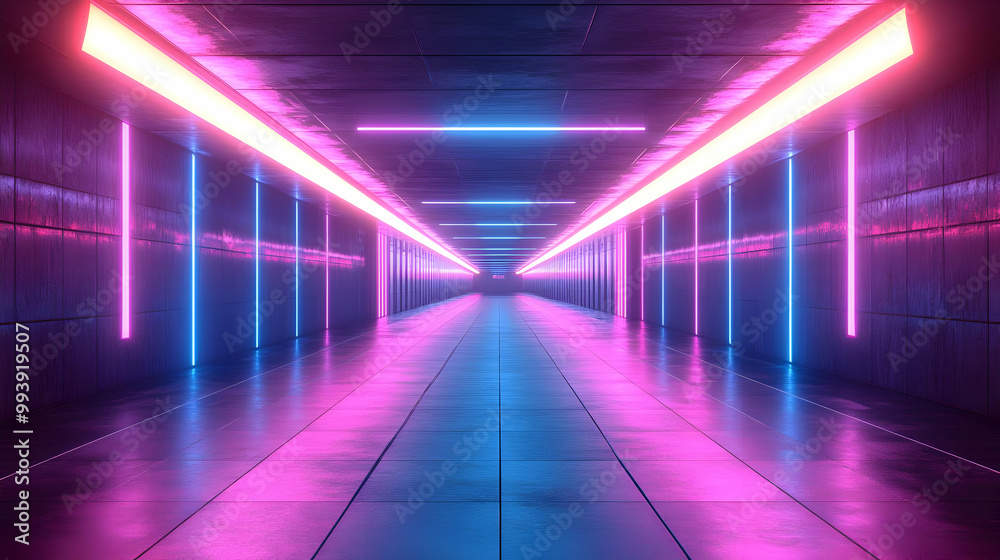 Neon Lights in a Futuristic Corridor 3D Illustration Neon Lights in a Futuristic Corridor 3D Illustration