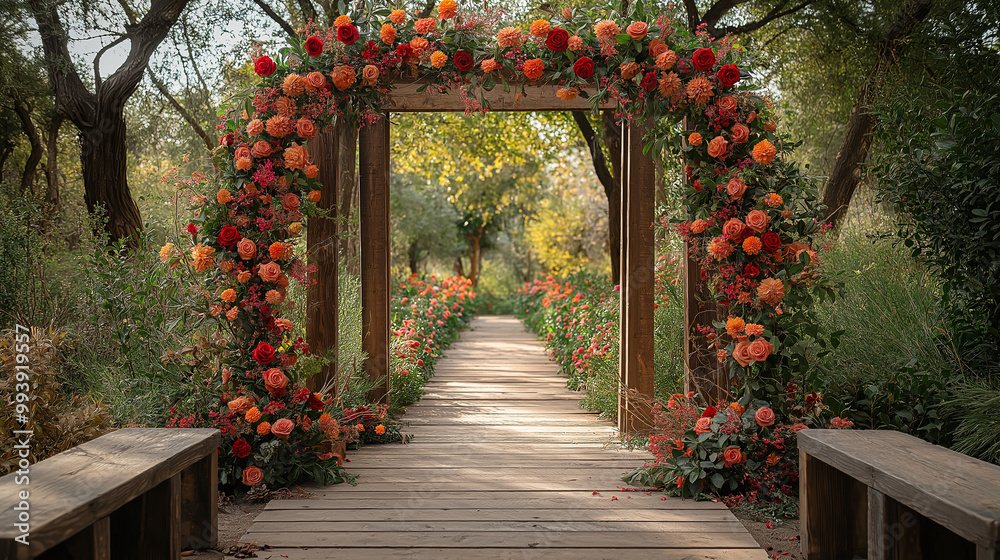 Fototapeta premium Romantic Garden Archway: A rustic wooden archway, adorned with vibrant orange and red dahlia blooms, creates a breathtaking entrance to a sun-drenched garden path. Perfect for wedding, event.