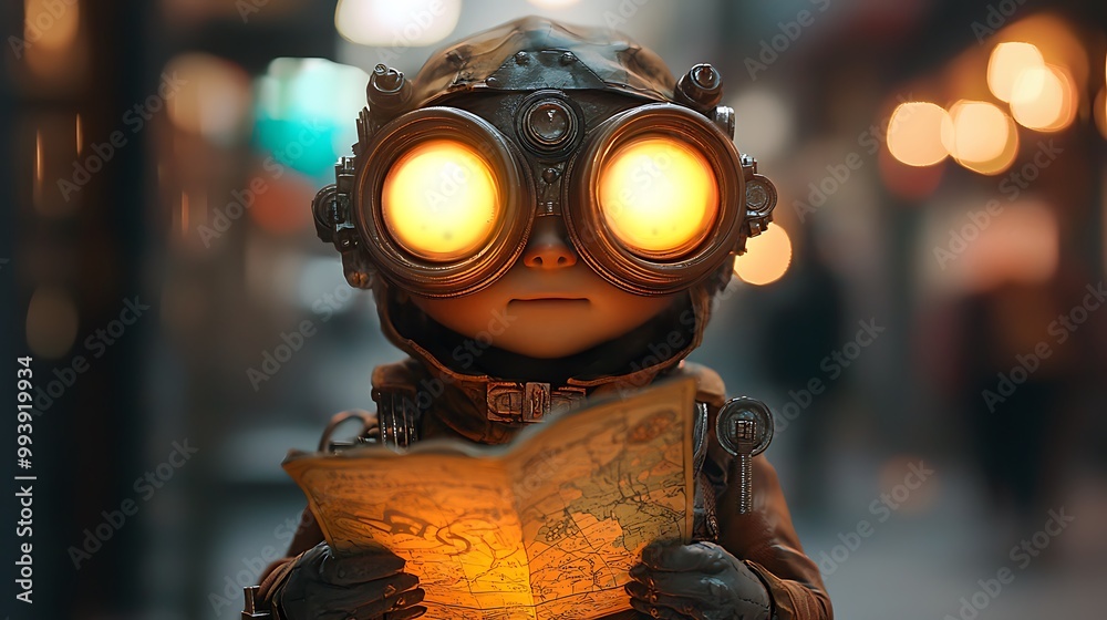 Child Explorer with Goggles Holding a Map at Night Child Explorer with Goggles Holding a Map at Night