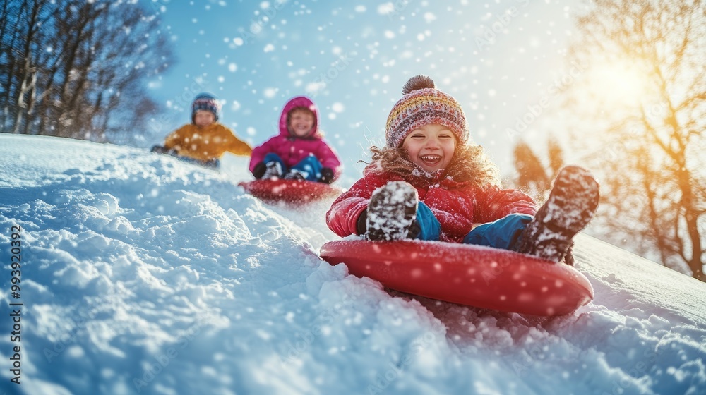 Laughing kids sliding on colorful sleds down a snow covered slope, with sunlit winter landscape in background, embodying the joy of outdoor winter activities Laughing kids sliding on colorful sleds down a snow covered slope, with sunlit winter landscape in background, embodying the joy of outdoor winter activities