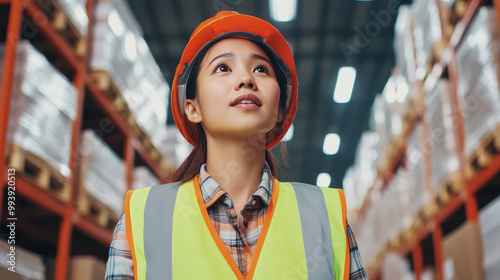 Young Woman in Safety Gear in Warehouse Environment photo