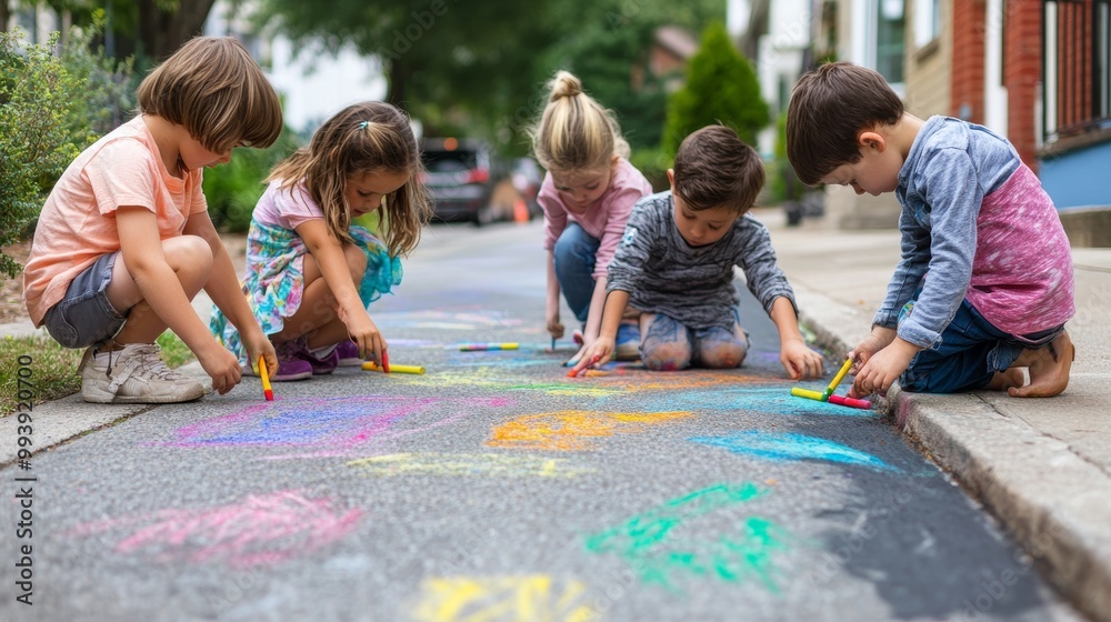 Group of diverse children creating colorful chalk drawings on sidewalk, showcasing outdoor creativity and community play Group of diverse children creating colorful chalk drawings on sidewalk, showcasing outdoor creativity and community play
