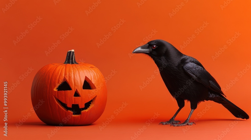 Fototapeta premium Crow Inspecting a Carved Pumpkin with Eyes