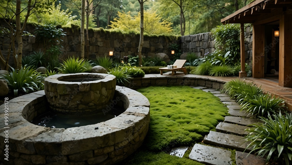 Spa garden with moss-covered stones and a stone bath, surrounded by herbs. Spa garden with moss-covered stones and a stone bath, surrounded by herbs.