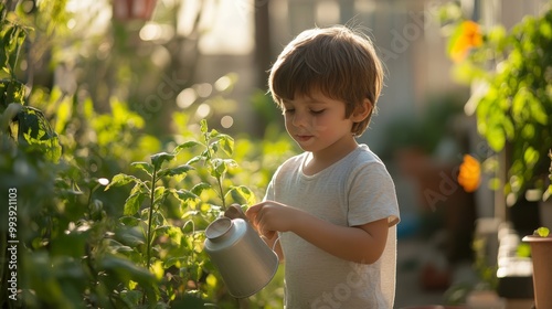 Young boy in white t shirt waters vegetable plants with a metal watering can in a lush garden, bathed in warm evening sunlight photo