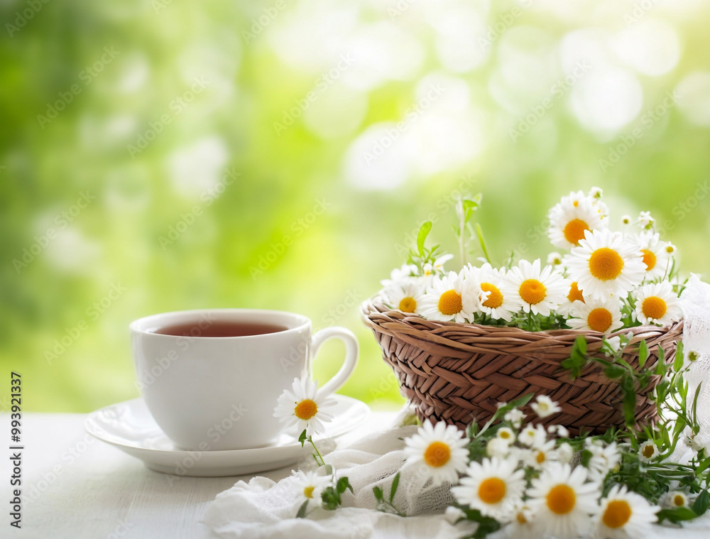 custom made wallpaper toronto digital A cup of tea and a small basket with daisies on the table against a green spring background. 