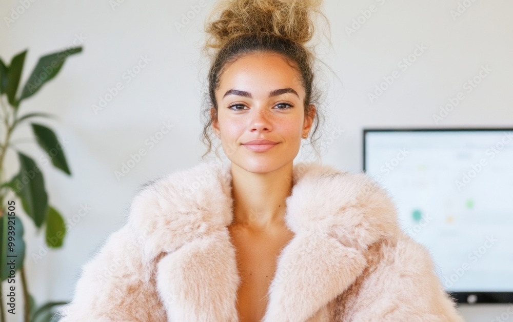 Stylish Professional Woman in Faux Fur at Innovative Fashion Startup Office Focused on Sustainable Technologies Stylish Professional Woman in Faux Fur at Innovative Fashion Startup Office Focused on Sustainable Technologies