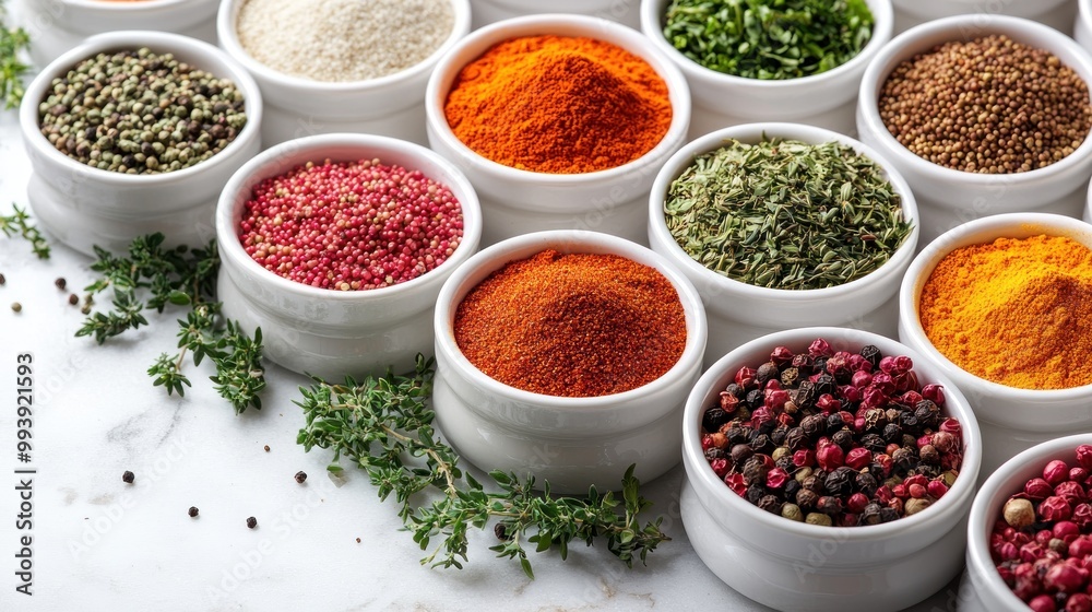 A variety of spices and herbs in white bowls on a marble surface.
