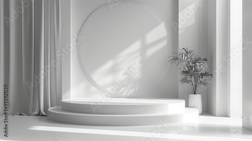 Modern white interior with circular design, steps, and soft shadows, creating a serene and minimalist atmosphere.