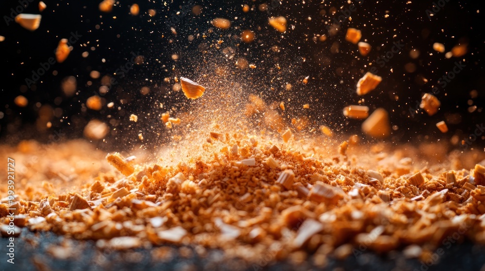 A dynamic explosion of orange particles against a dark background.