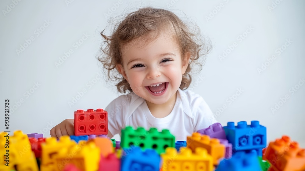 Laughing curly haired toddler in white shirt surrounded by vibrant plastic building blocks, embodying childhood joy and creative play Laughing curly haired toddler in white shirt surrounded by vibrant plastic building blocks, embodying childhood joy and creative play