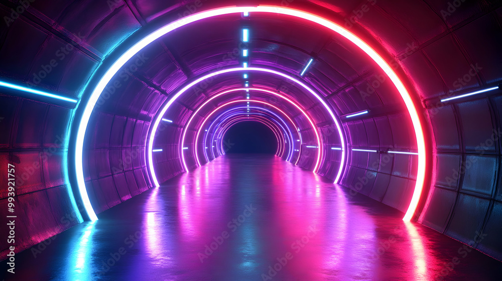 Neon Lights Tunnel 3D Render - Futuristic and Abstract Background Neon Lights Tunnel 3D Render - Futuristic and Abstract Background