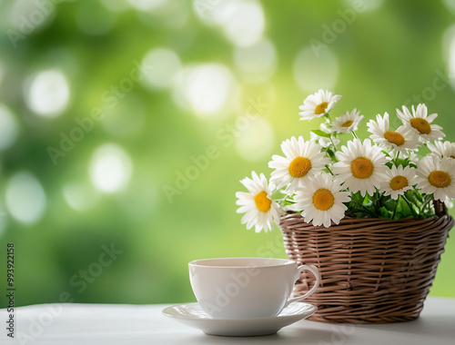  A cup of tea and a small basket with daisies on the table against a green spring background. 