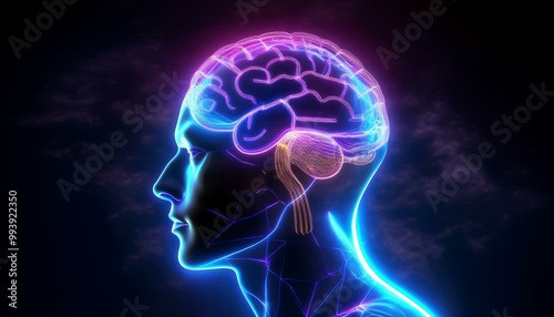 Profile view of a glowing neon brain illustration on a dark background.